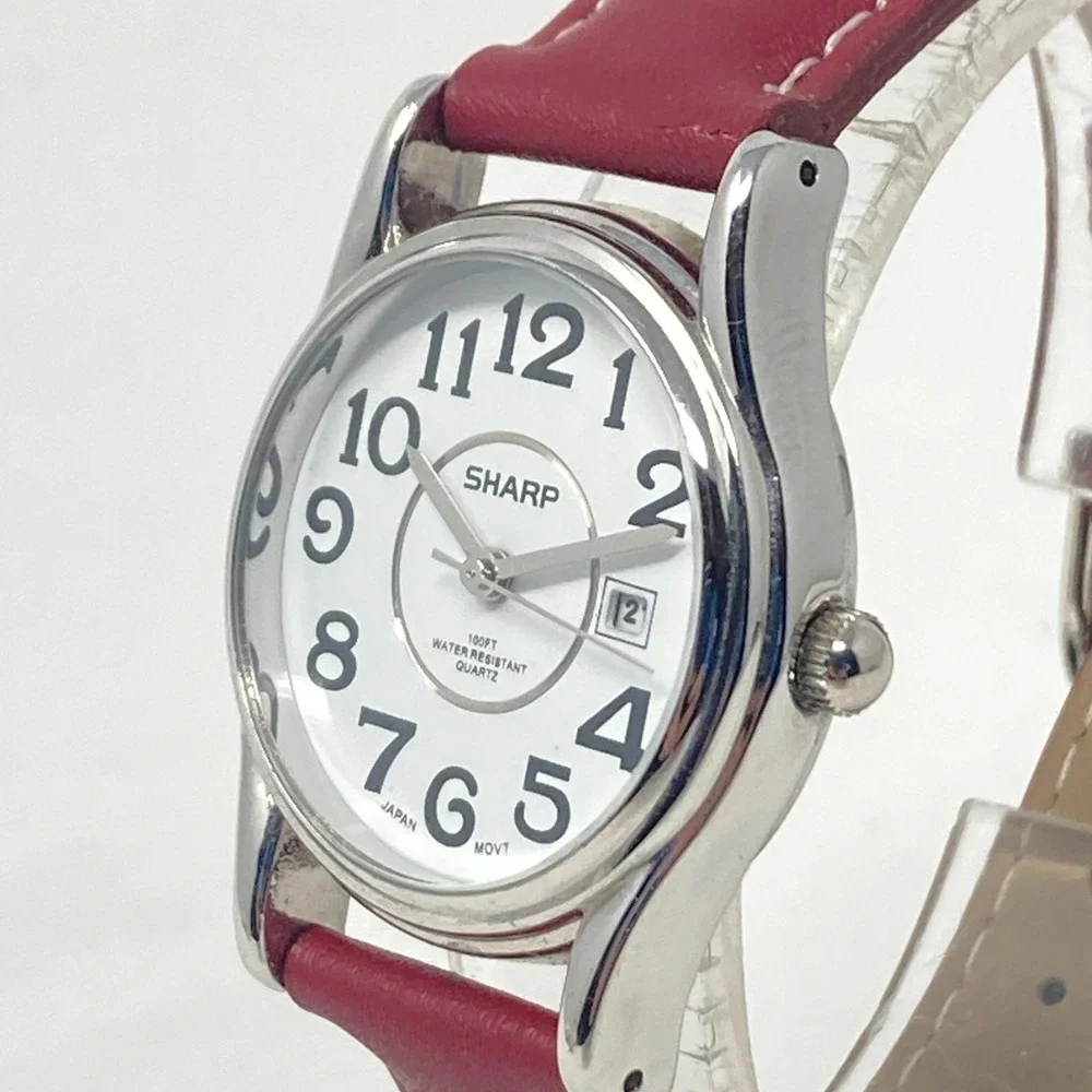 Sharp Womens Easy Reader Watch 29mm Silver Tone Date Red Leather 30M New Battery